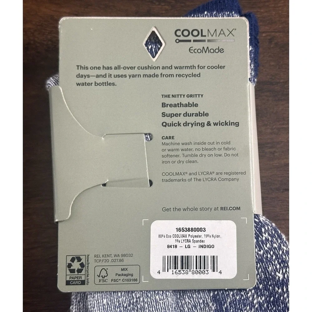 REI Co-op COOLMAX EcoMade Midweight Crew Hiking Socks Indigo Large NWT Cushioned